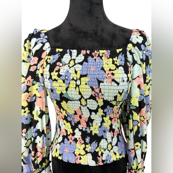 Free People Smocked Floral Puff Sleeve Top XS – Square Neck Black Multicolor - Picture 3 of 13